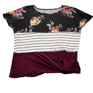 24/7 Maurice’s Floral & Stripe Colorblock Short Sleeve Tee - Black/Ivory/Plum